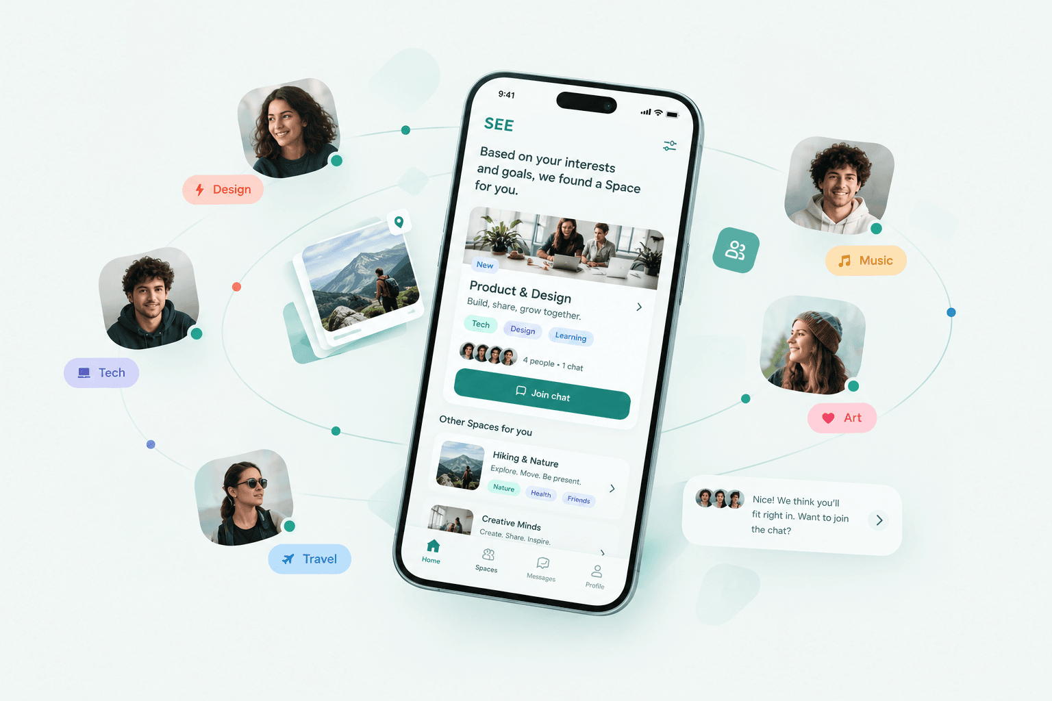 SEE app preview: people with shared interests like design, tech, music and travel are matched into a small Space.